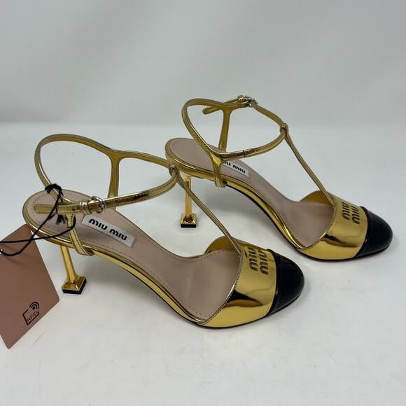 NEW NIB Miu Miu Leather Cap Toe T Strap Heel Metallic Gold Black Logo size 36.5 - Picture 5 of 10